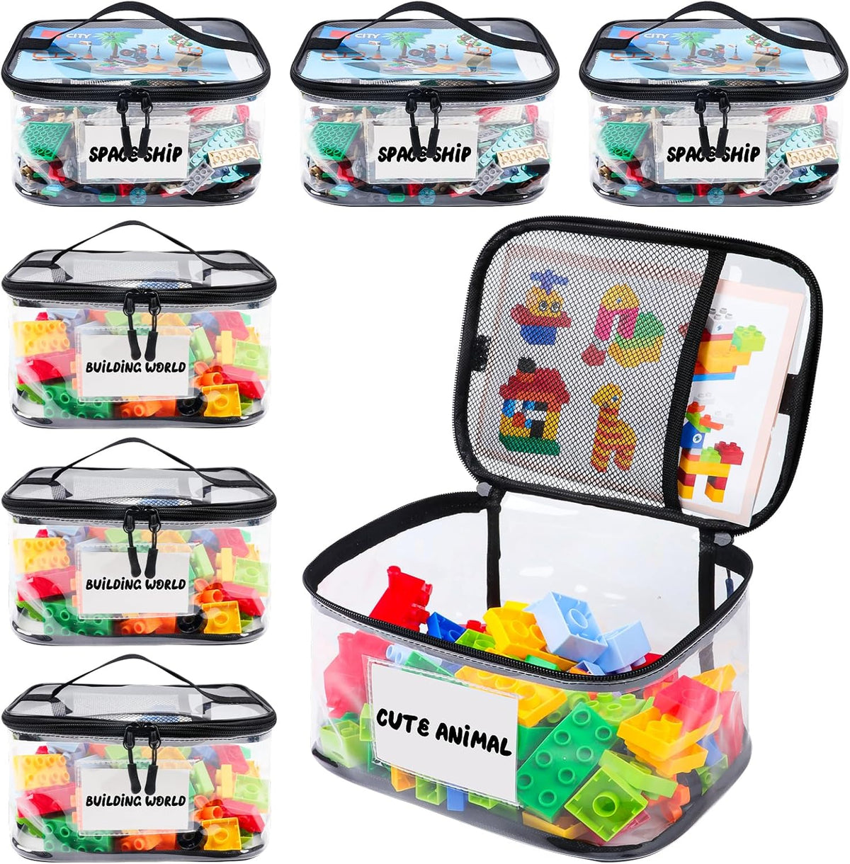 6 Pack Clear Toy Storage Bag with Name Tag& Manual Pocket, Waterproof Transparent PVC Toy Organizer Case for Lego Bricks, Board Games, Building Blocks, Puzzles (Large Capacity, Black)
