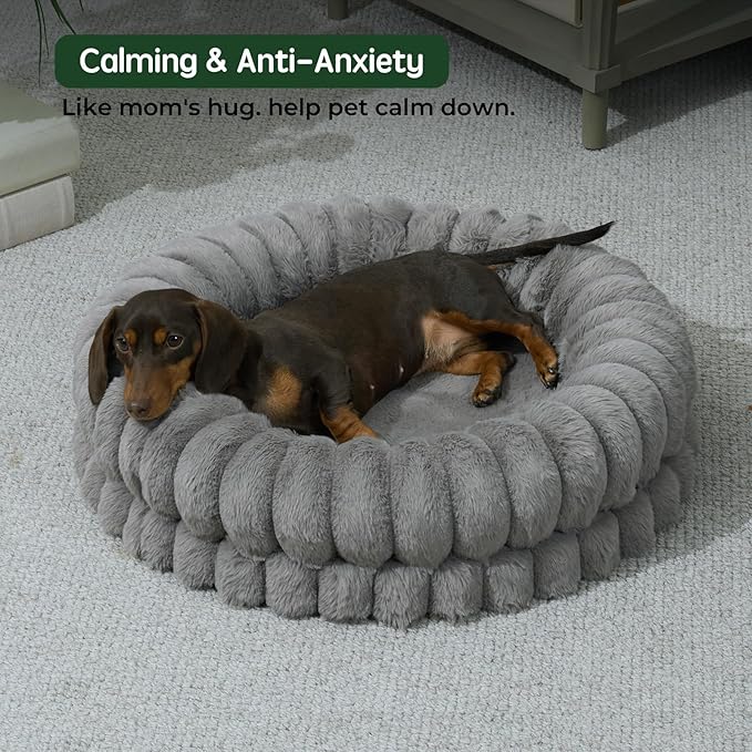 BALANCE Luxury Donut Dog Bed, 23 Inches Round Dog Beds for Small Dogs Washable, Orthopedic Calming Pet Bed for Puppy and Cats with Anti-Slip Bottom, Gray