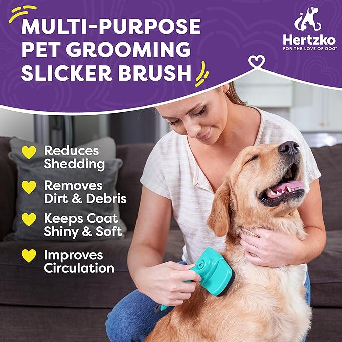 Hertzko Dog Brush for Shedding - Self Cleaning Slicker Brush for Dogs and Cats - Gently Removes Loose Hair, Tangles, and Dirt - Grooming Comb Suitable for Long or Short Coats - Aqua