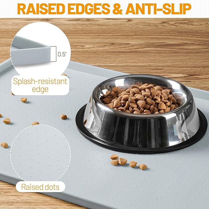 Hubulk Dog Feeding Mat,100% Waterproof Food Grade Silicone Pet Food and Water Bowl Placemat,Dishwasher, High Raised Edge to Prevent Spills,Nonslip Tray to Stop Messes on Floor（19"x12"x0.5", Mist）