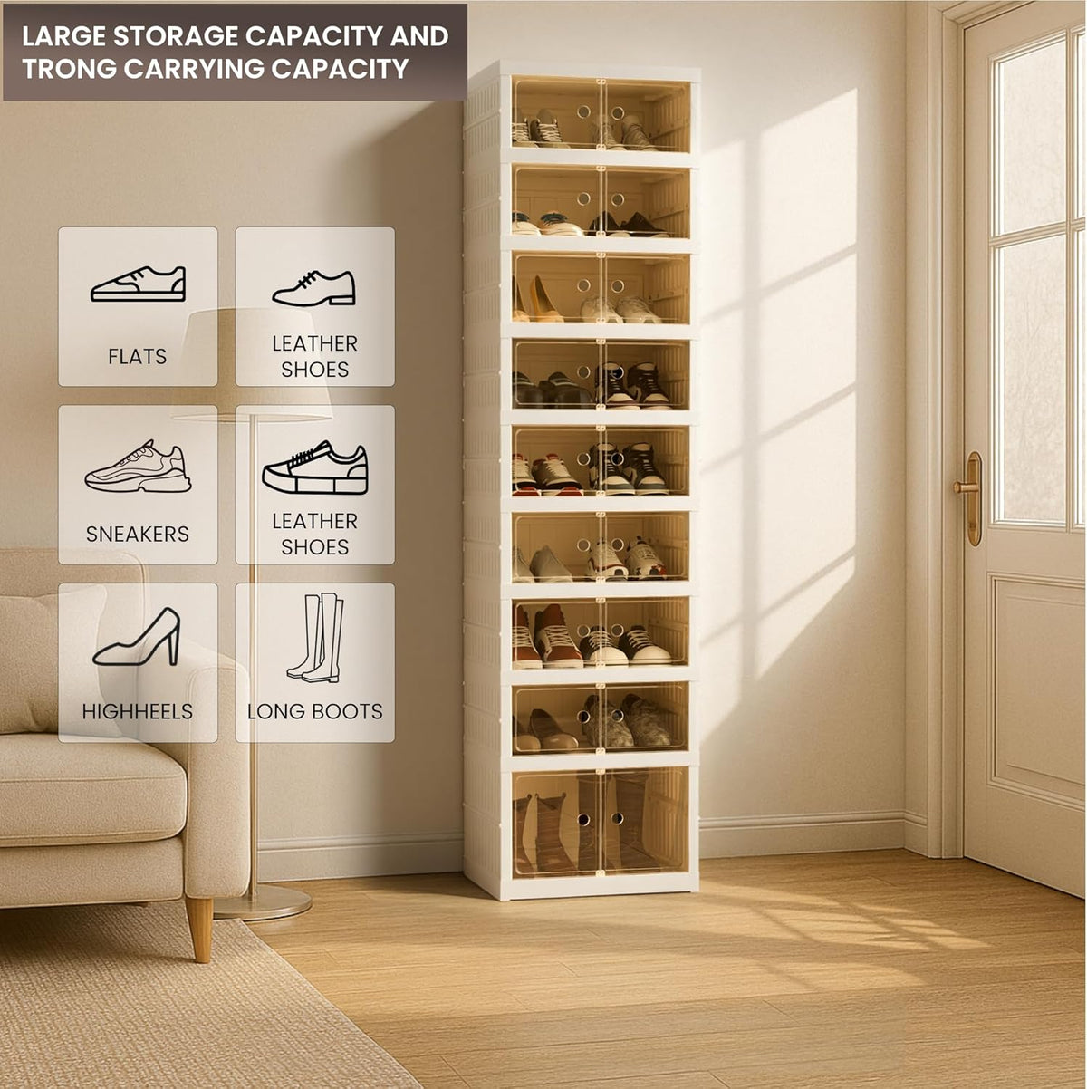 Foldable Shoe Organizer Storage Box, Portable Extra Large Folding Shoe Rack for Closet, Shoe Storage Box with Magnetic Transparent Door and Wheels, 9 Layers 18 Grids with 2 Big Grids