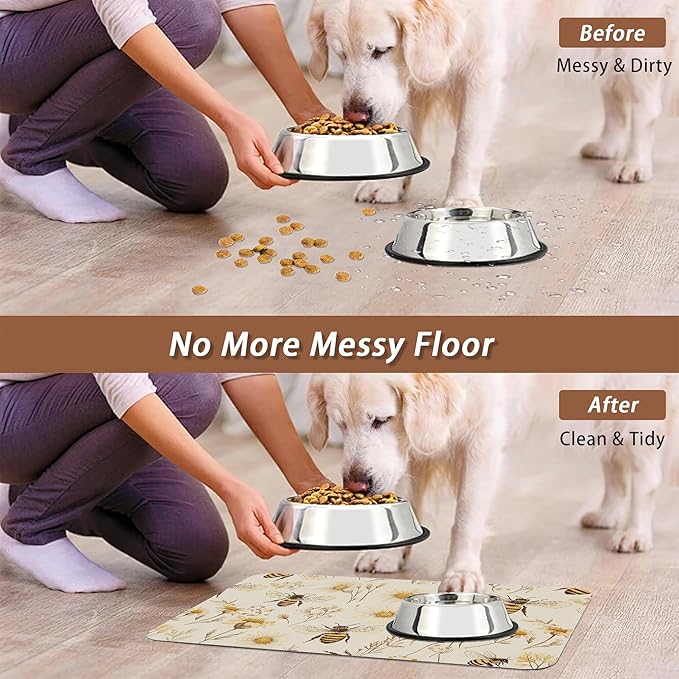 Bees Boho Daisy Floral Dog Food Mat for Floors,Absorbent Pet Food and Water Bowl Mats,Non-Slip Pet Feeding Mat,Pet Supplies 16" x 24"
