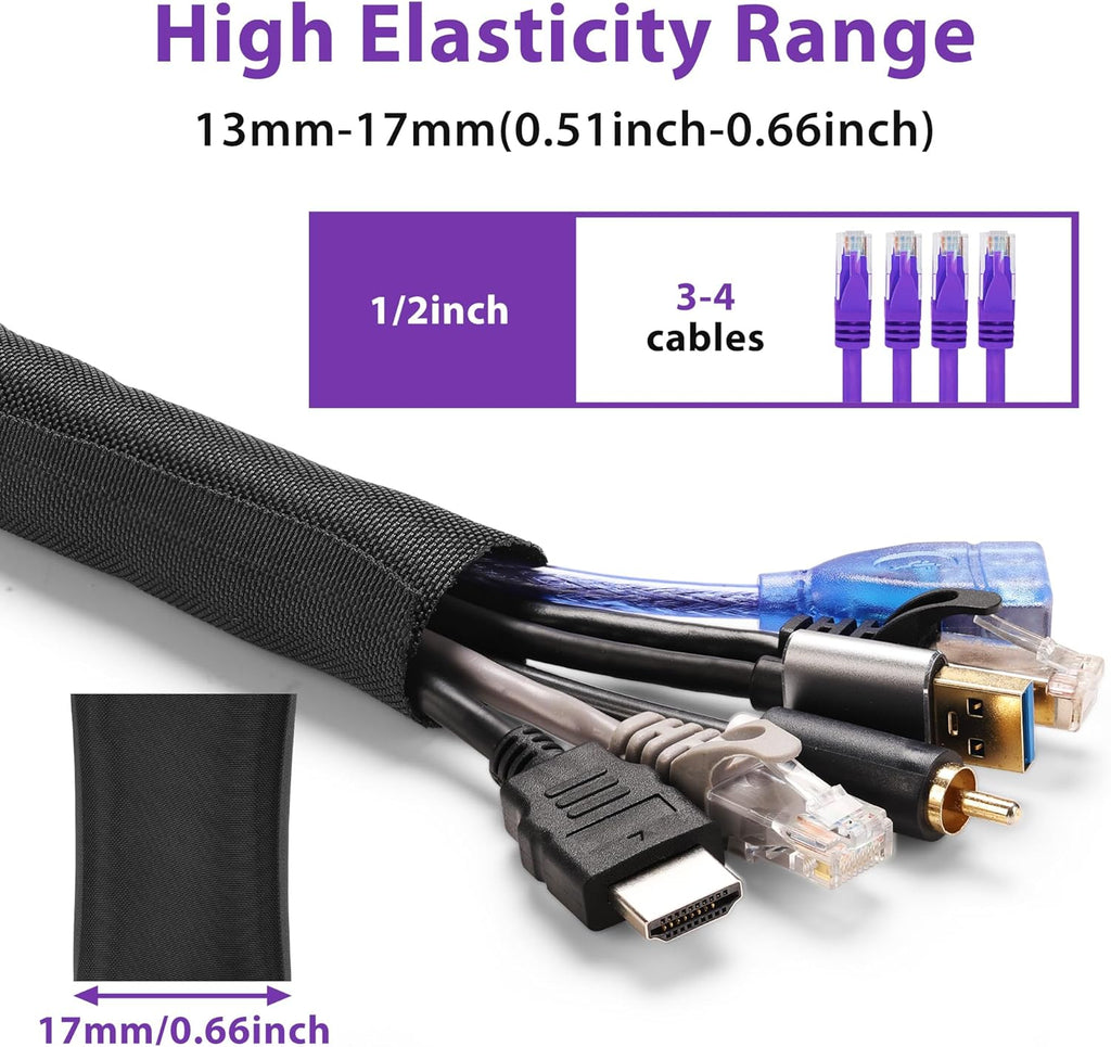 16.4ft 1/2inch Cord Cover, YCLYC Cord Protectors from Pets no Chew, Flexible Cord Covers for Pets, Easy Cable Management Sleeve, Wire Covers for Cords, Wire Protector for Pets, Audio, Computer