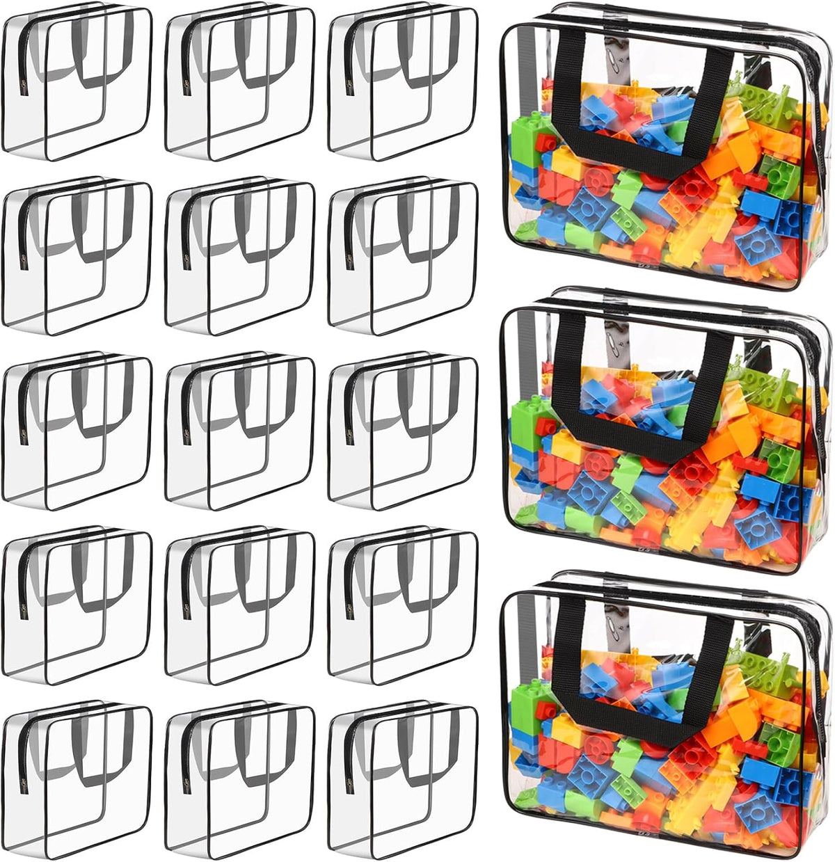 18 Packs Large Toy Storage Bags with Labels, Waterproof Clear Pvc Storage Bags for Toys, Travel Organizer Bags with Zipper Closure for Puzzles, Building Blocks, Kids' Books