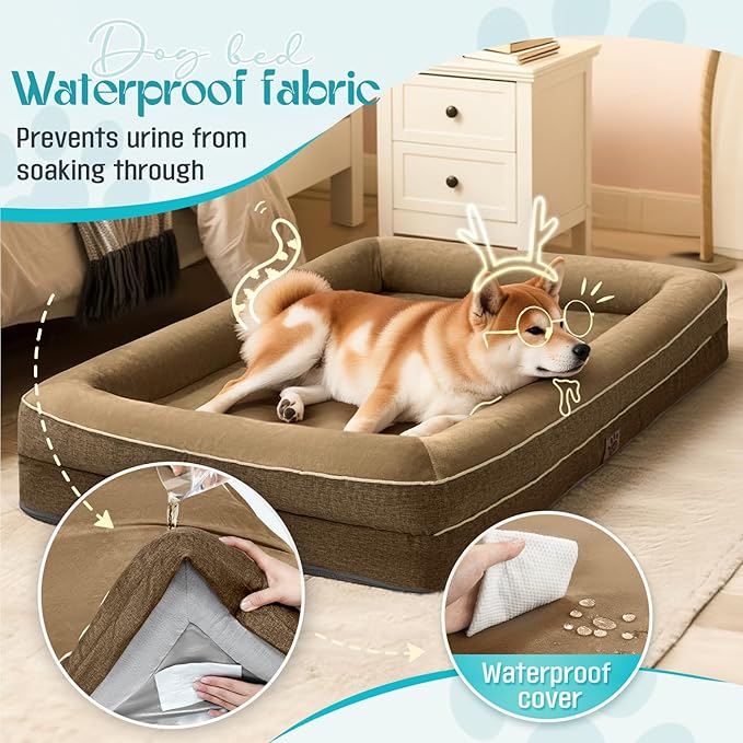 TaiBest Waterproof Memory Foam Dog Beds for Extra Large Dogs Non-Slip Orthopedic Dog Beds Washable Couch Pet Bed with Removable Cover (Brown, X-Large)