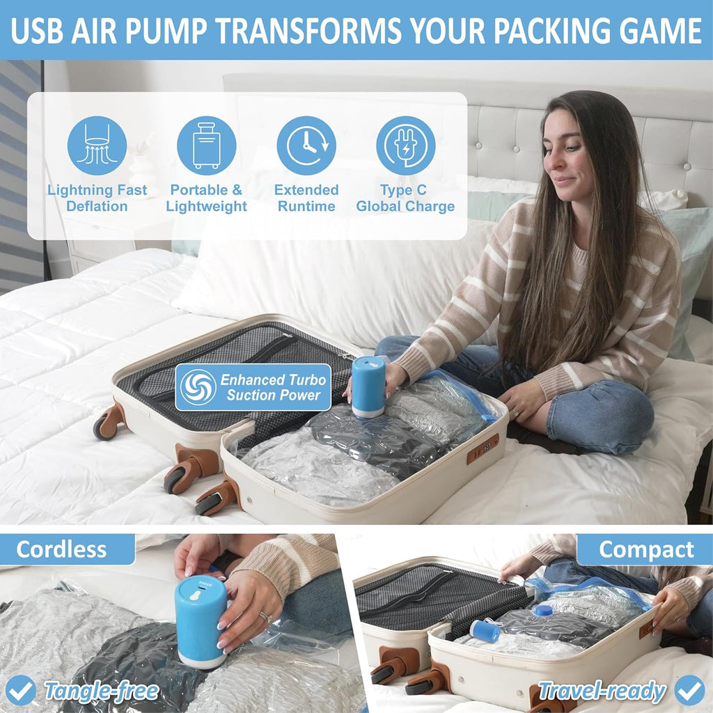 12 Pack Travel Vacuum Storage Bags with Rechargeable Wireless Electric Pump for Luggage, Suitcase, Carry-on Size Vacuum Seal Compression Space Saver Bags for Clothes and Clothing Travel