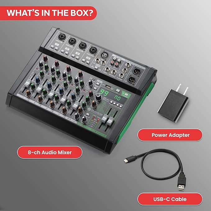 Pyle 8-Channel Audio Mixer, USB Interface, MP3 Compatible, XLR Inputs and LED