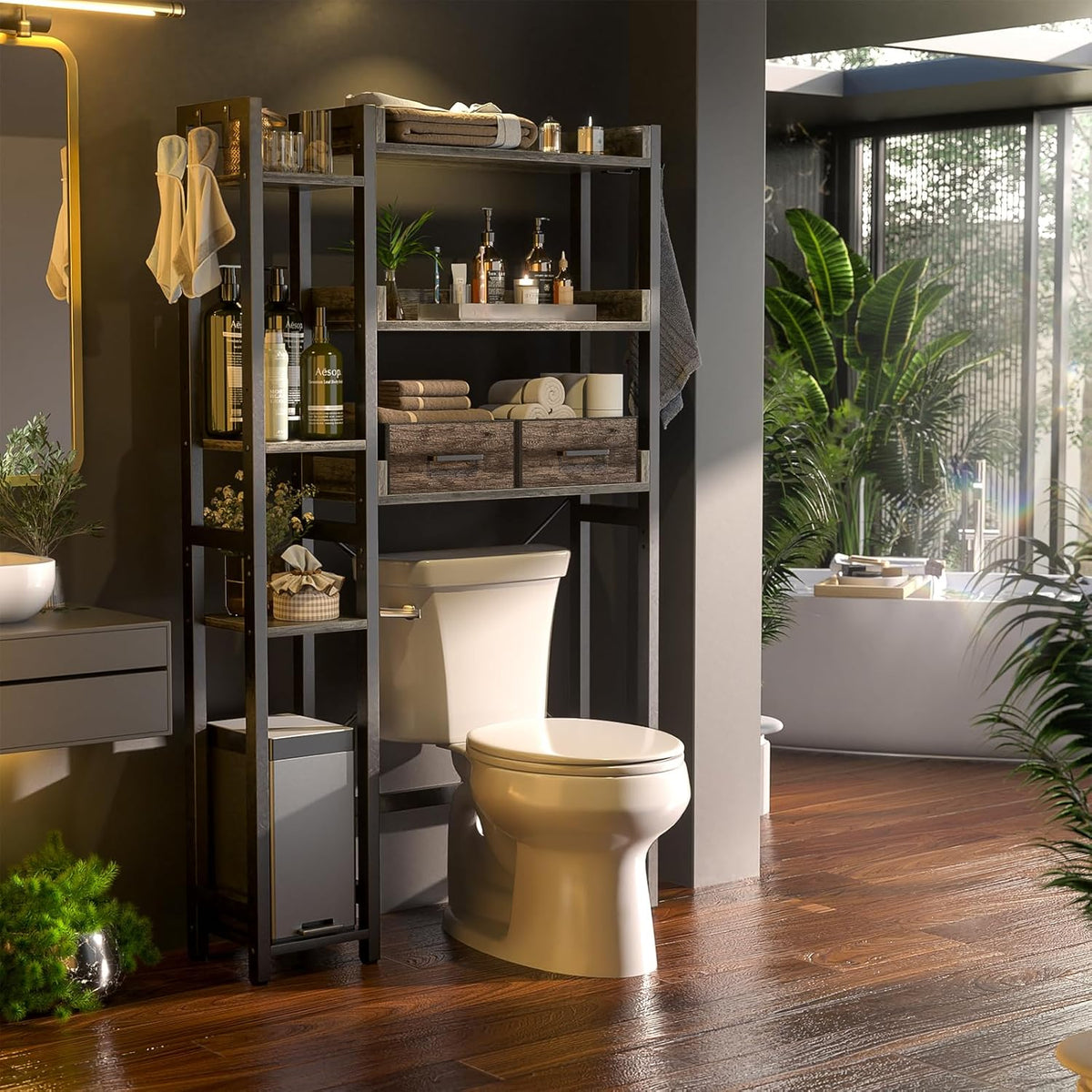 Over The Toilet Storage with 2 Drawers - 7 Tier Bathroom Organizer with Adjustable Shelf, Freestanding Space Saver Storage Rack Above Toilet Stand with 4 Hooks for Restroom, Laundry, Grey Oak