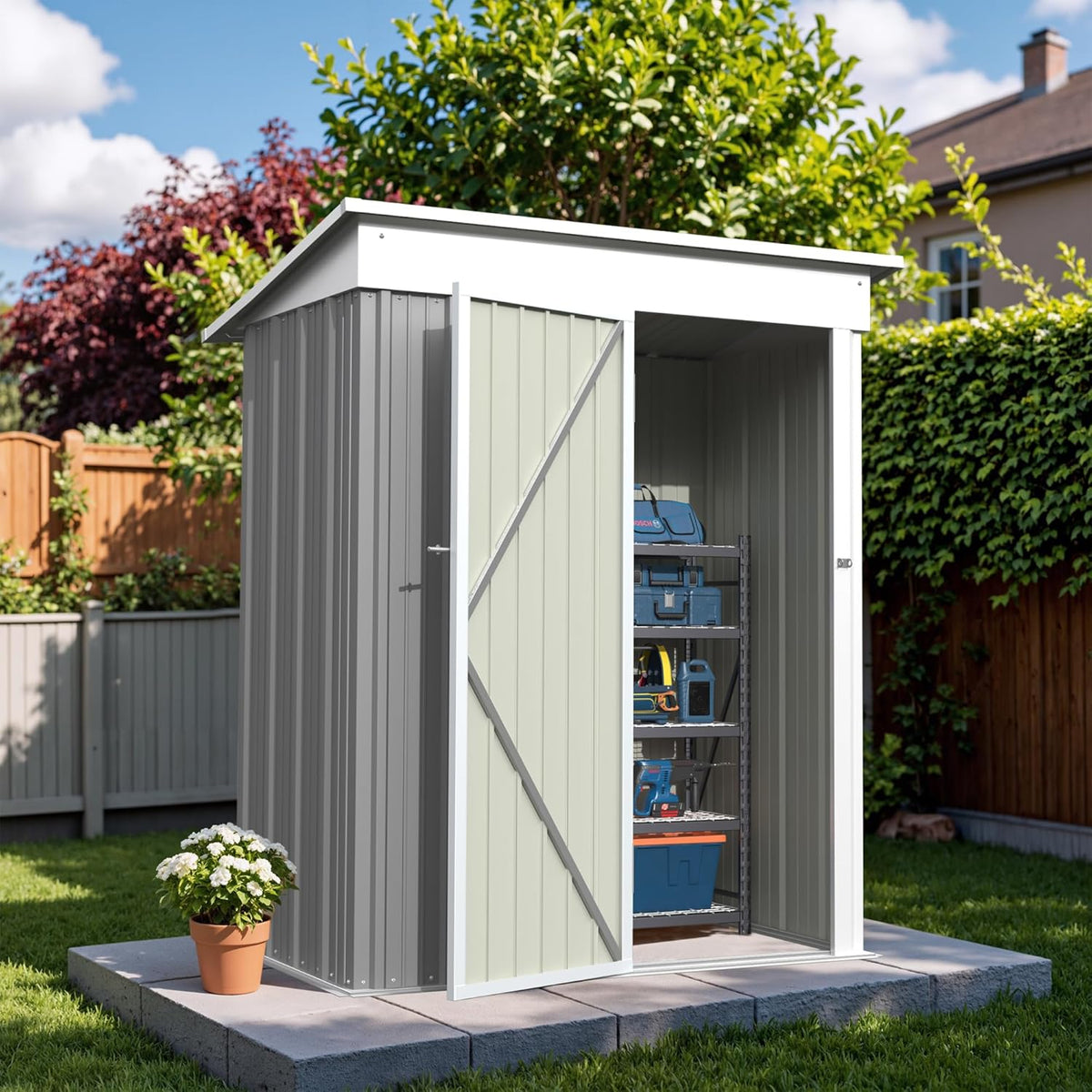 Greesum 5x3FT Outdoor Storage Shed, Utility Tool Shed Metal Storage Garden Shed with Door & Lock for Patio Storage, Gray