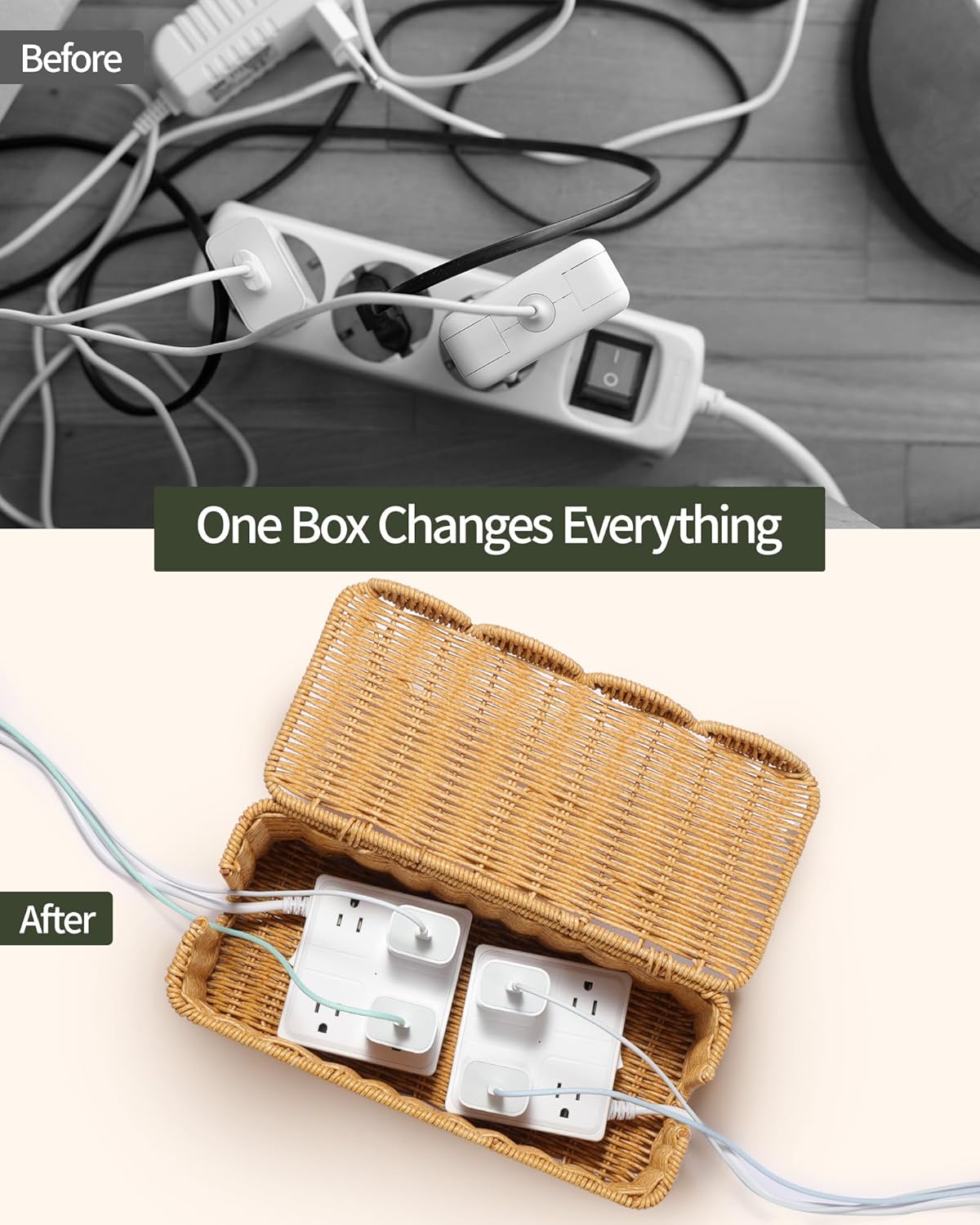 YECAYE Handwoven Rattan Style Cable Management WavyWeave Box, Decorative Storage Cord Organizer Box for Power Strips & Cords, Cord Hider for Home, Kids & Pet Safety, DIY-Friendly Cord Management