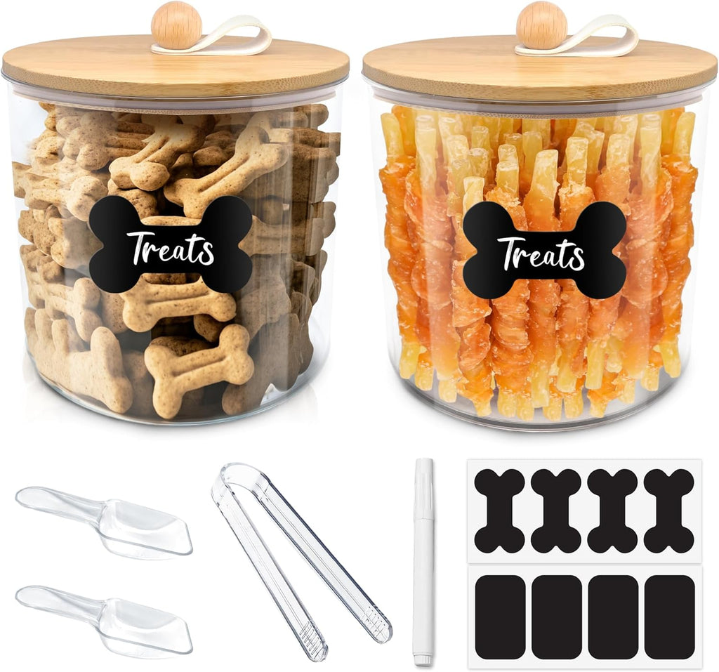 2 Pack Airtight Dog Food Storage Container, Dog Treat Container Dog Food Container with bamboo Lids 6x5'',Pet Food Storage Container,Cat Food Container with Scoops,Clamp,Labels,Pen