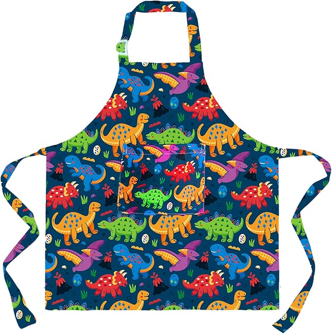 Sylfairy Aprons for Kids Girls Rainbow Unicorn Apron Children Kitchen Chef Aprons Smock (Green+Dinosaur, Small,3-5Years)