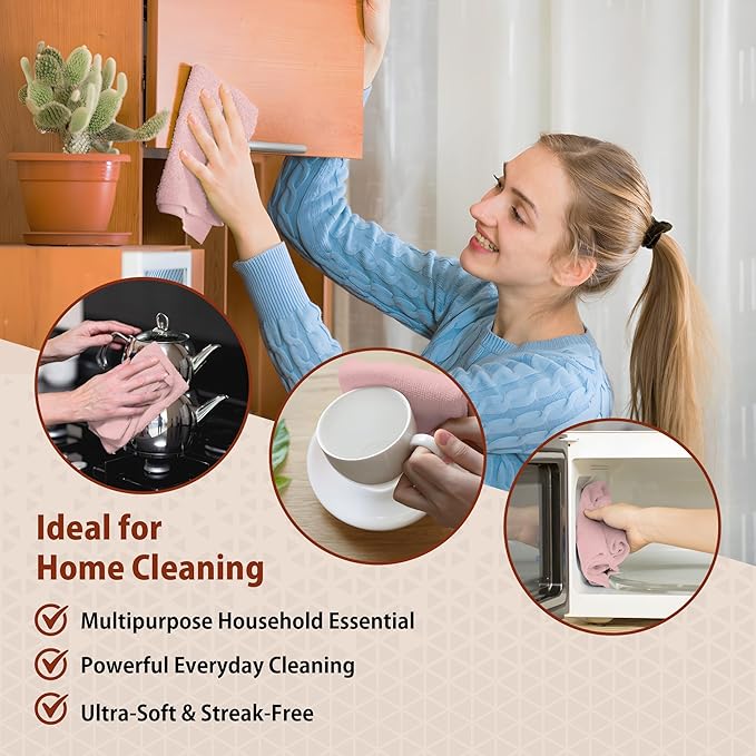 H4N Microfiber Cleaning Cloth Roll, 85 Pack Micro Fiber Wash Cloths for Car, Tear Away Towels, Ultra Absorbent Dish Rags, Non-Abrasive, Reusable and Washable Household Supplies, 11.81" x 11.81", Pink