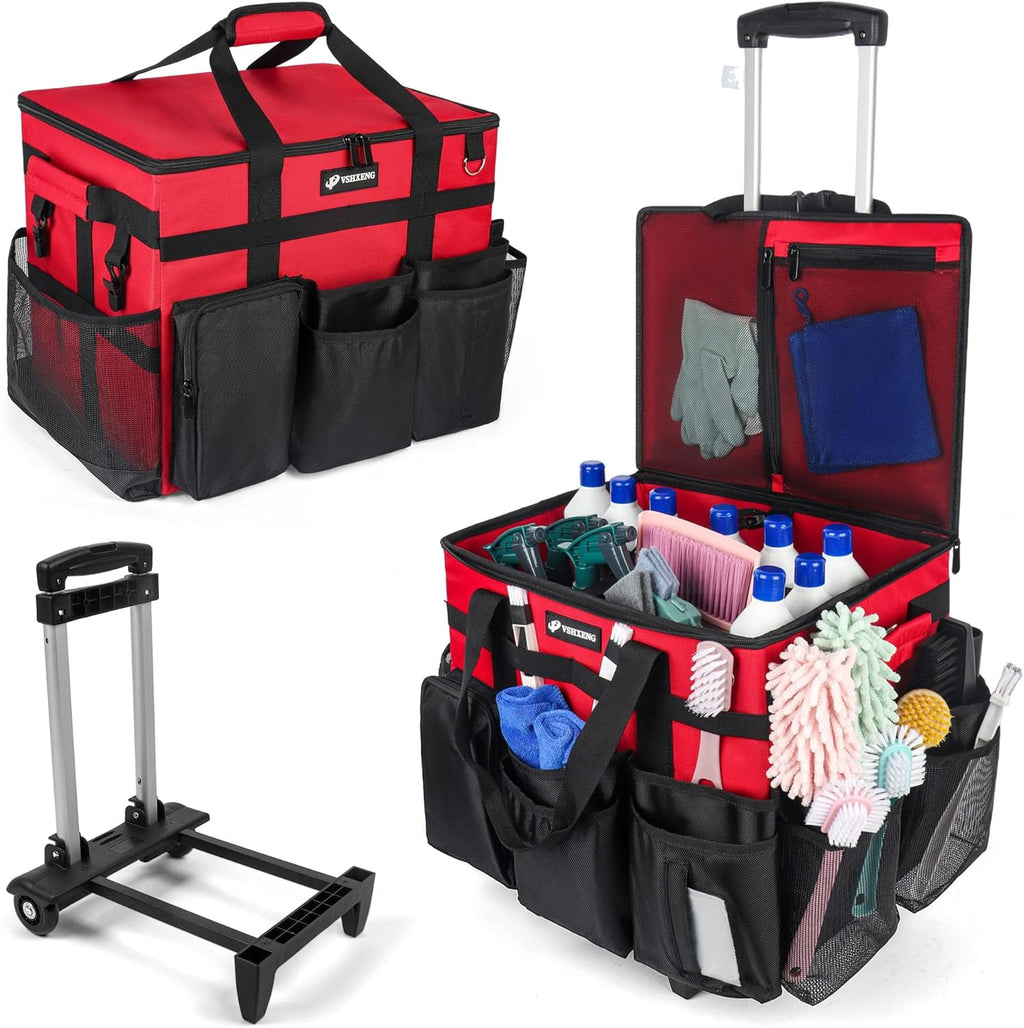 Rolling Cleaning Caddy Bag with Wheels, Large Cleaning Cart Detachable Trolley, Cleaning Bags for Housekeepers With Shoulder Strap & Multi Pockets for Cleaning Tools Storage (Red)