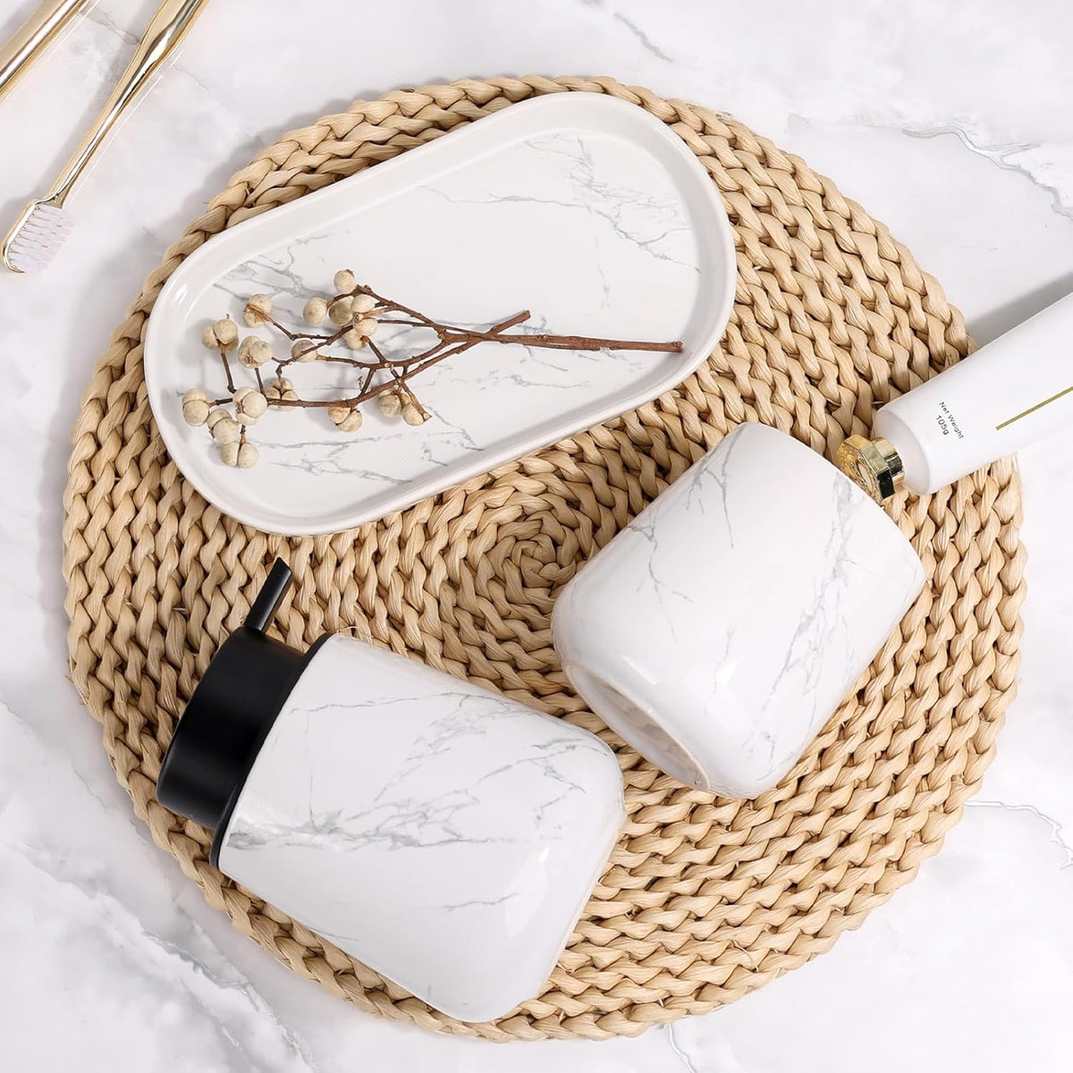BosilunLife Marble Bathroom Accessory Set - 3 pcs Ceramic Bathroom Soap Dispenser Set Farmhouse Bathroom Counter Decor Set Accessories, Soap Dispenser and Toothbrush Holder, Tray
