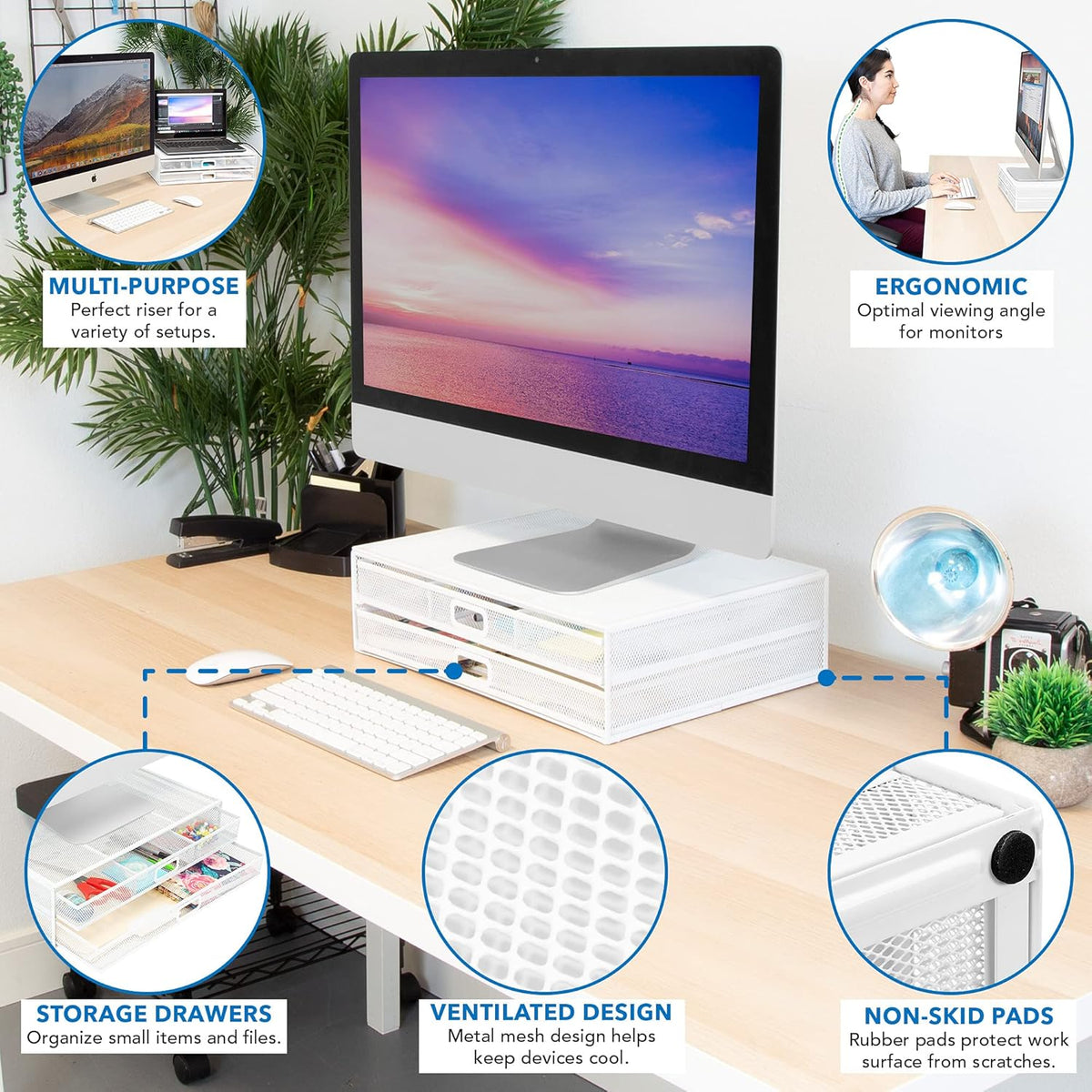 Mount-It! Mesh Computer Monitor Stand Riser [Metal] Desk Organizer with Two Pullout Storage Drawers for Desktop, Laptop, and Printer Accessories and Office Supplies (White)