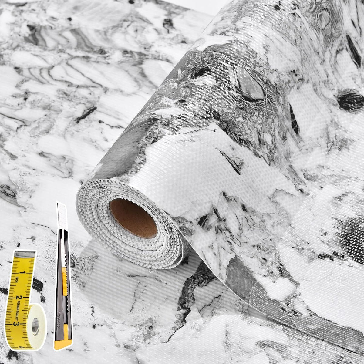 Drawer and Shelf Liner for Kitchen Cabinet: 17 in X 20 Ft Non Slip Waterproof Shelf Paper Non Adhesive Refrigerator Liners Grey and White Marble Easy Liners for Bathroom with Knife Tape Measure