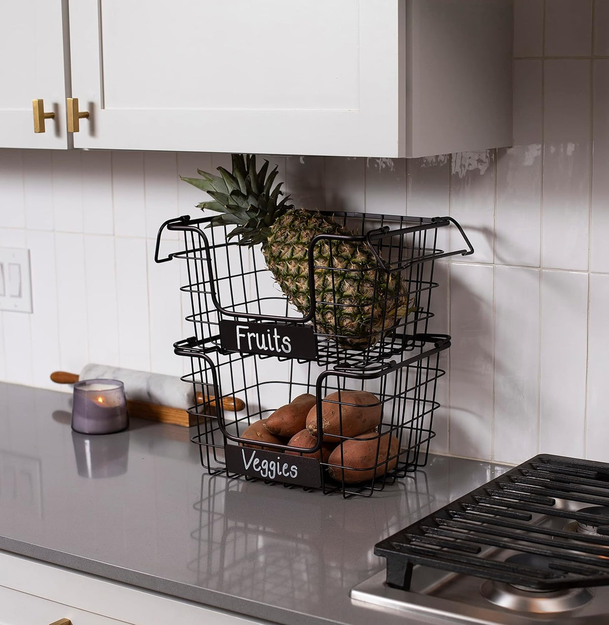BIRDROCK HOME Stacking Wire Market Baskets with Chalk Label | Set of 2 | Fruit Vegetable Produce Metal Storage Bin for Kitchen Counter | Black