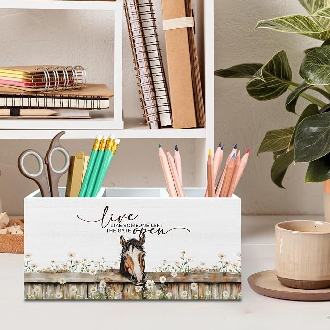 DILSJ Inspirational Horse Pen Pencil Holder Organizer for Desk, Horse Gifts for Women, Live Like Someone Left The Gate Open Wooden Box Signs for Home Office Desk Tabletop Decoration