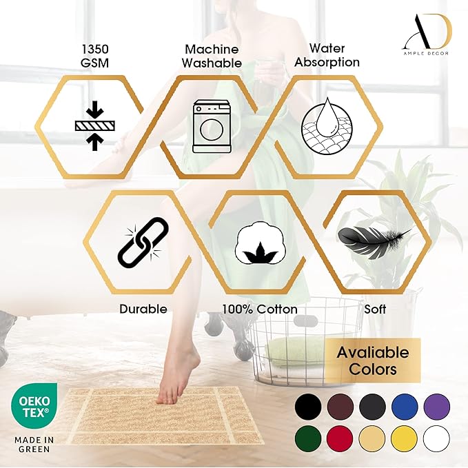 Ample Decor 100% Cotton Bath Mats 34 x 20 Inches, Quick Dry, 1350 GSM Banded Border Shower Bathroom Floor Mat, Not Bathroom Rug - Green, 2 Pack