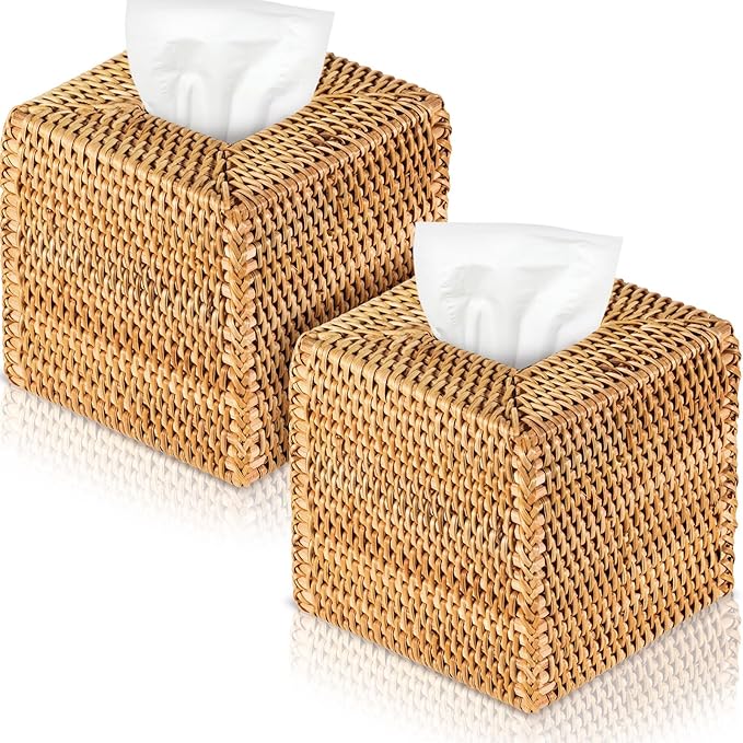Kigley 2 Pcs Square Rattan Tissue Box Cover Boho Wicker Tissue Cube Box Cover 5.5'' x 5.5'' x 5.5'' Decorative Natural Wicker Hand Woven Napkin Box Holder Bathroom Office Car Accessories (Wood)