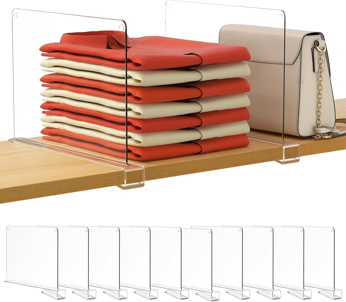 HBlife 10 Pack Clear Shelf Dividers, Vertical Purse Organizer for Closet Perfect for Sweater, Shirts, Handbags in Bedroom and Kitchen, Adjustable Acrylic Bookshelf for Organization