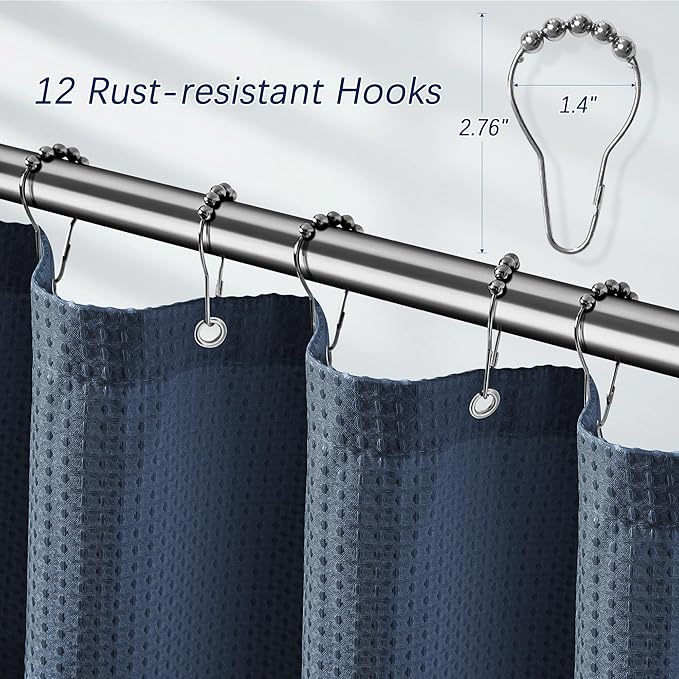 PANGSINNE Blue Shower Curtain 256GSM Waffle Shower Curtain Heavy Duty for Bathroom, Water Repellent Weighted Hotel Quality Polyester Bath Curtain Set with 12 Metal Hooks, 72Wx72H Navy