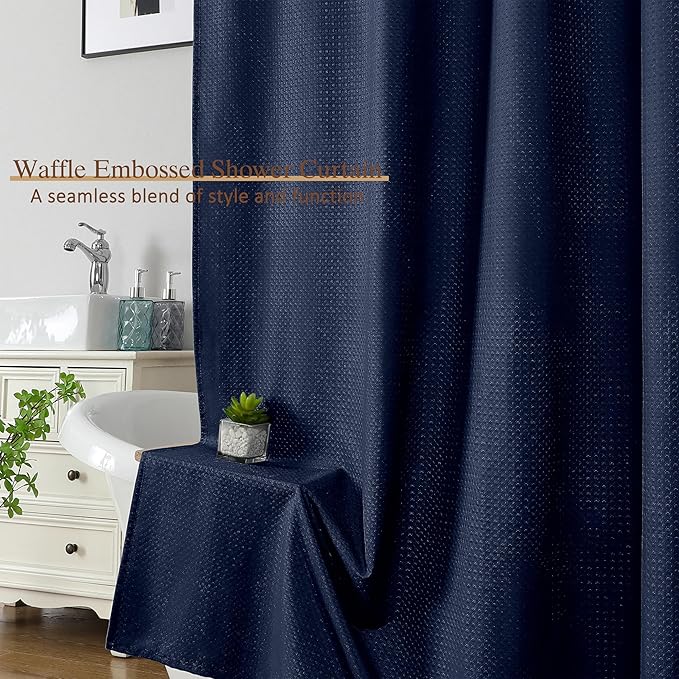 Ebesto Extra Long Navy Blue Shower Curtain 96 Inch Long 1 Piece, Waffle Embossed Textured Fabric Shower Curtain for Bathroom Large Hotel, Water Resistant, Machine Washable, 72Wx96L Inches