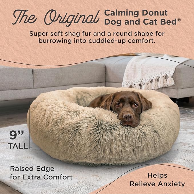 Best Friends by Sheri The Original Calming Donut Dog Bed – Washable Plush Pet Bed for Large Breeds up to 100 lbs, Shag Faux Fur, Taupe, Large (36" x 36")