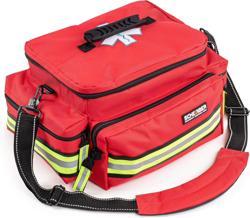 Scherber First Responder Fully-Stocked Professional Essentials EMT/EMS Trauma Kit | HSA/FSA Approved | Reflective Bag w/8 Zippered Pockets & Compartments & 200+ First Aid Supplies - Red