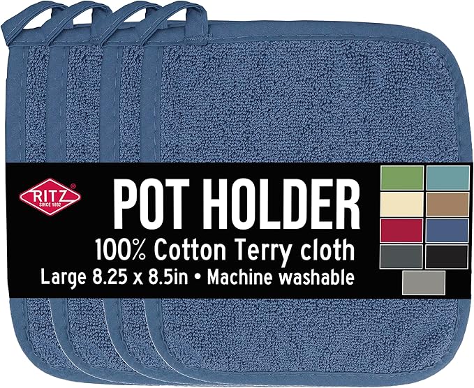 RITZ Terry Potholder & Hot Pad: Unparalleled Heat Resistant, Durable 100% Cotton – Ergonomically Designed for Optimal Grip – Easy-Care Machine Washable – 4-Pack, Federal Blue