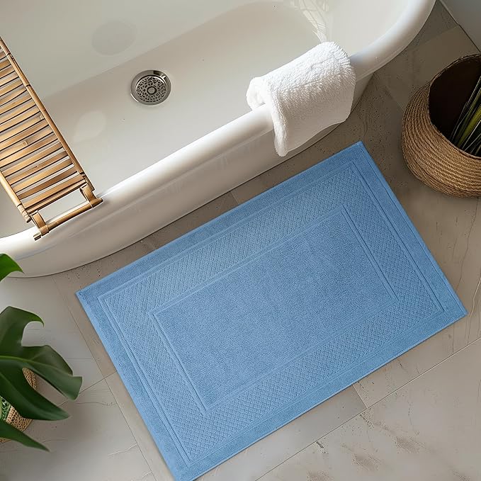 Avalon Towels Light Blue Bath Mat - 100% Cotton Set of 2 Absorbent Bathmat - Bathroom Mats Quick Dry Bath Mats for Bathrooms (22x34 Inches)
