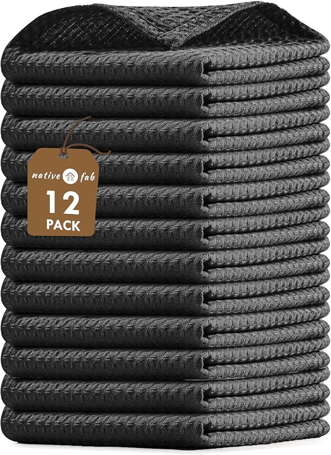 Native Fab 12 Pack Cotton Dish Cloths - Absorbent, Quick Drying, Washable, Durable Towels for Cleaning, Cooking & Baking - Perfect for Everyday Use, Home, Bars, Restaurants - 12x12 Inches - Black