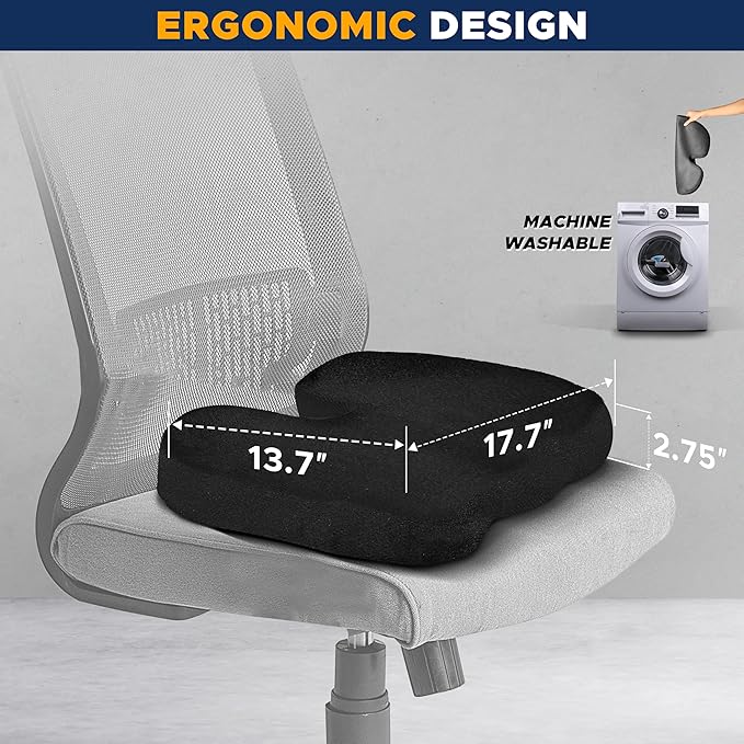 EcoNour Thick Seat Cushions for Tailbone Pain Relief (2 Pack) | Orthopedic Desk Chair Cushion for Office, Gaming Chair & Car Seat | Sciatica & Coccyx & Tail Bone Pain Relief for Long Sitting Elderly