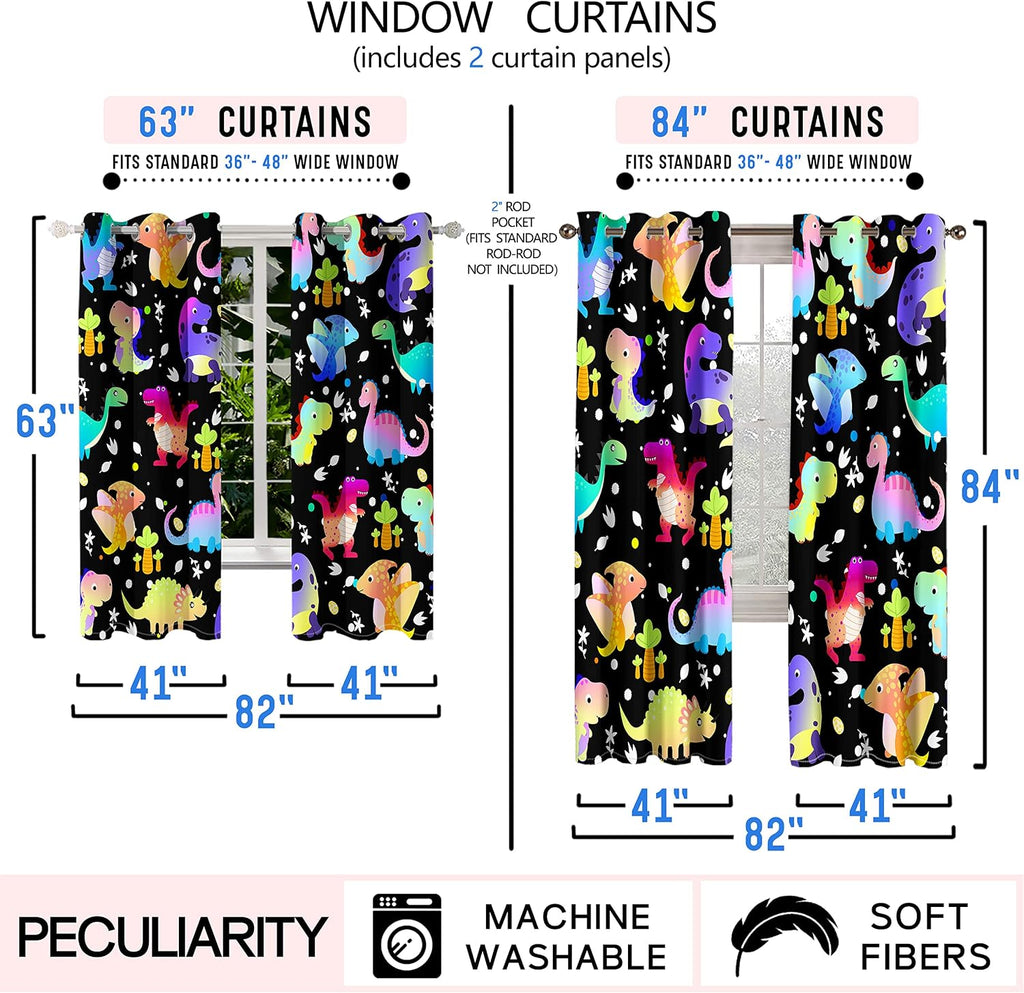 Dinosaur Curtains for Boys Bedroom, Cartoon Dinosaurs Blackout Curtains, Cute Dino Print Window Curtains Dinosaur Room Decor for Boys Kids Curtain Panels Set, 2 Panels, 82" x 63"