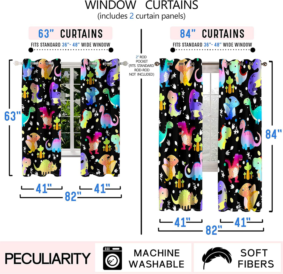 Dinosaur Curtains for Boys Bedroom, Cartoon Dinosaurs Blackout Curtains, Cute Dino Print Window Curtains Dinosaur Room Decor for Boys Kids Curtain Panels Set, 2 Panels, 82" x 63"