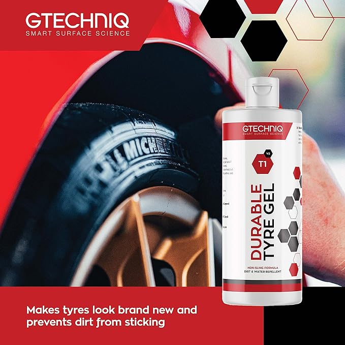Gtechniq T1 Durable Tyre Gel for Car Tyre Shine, Car Wheel Cleaner Repels Water, Dirt and Grime, Restores Tyre Black Finish, Anti-Sling Formula, 100% Biodegradable, 250ml