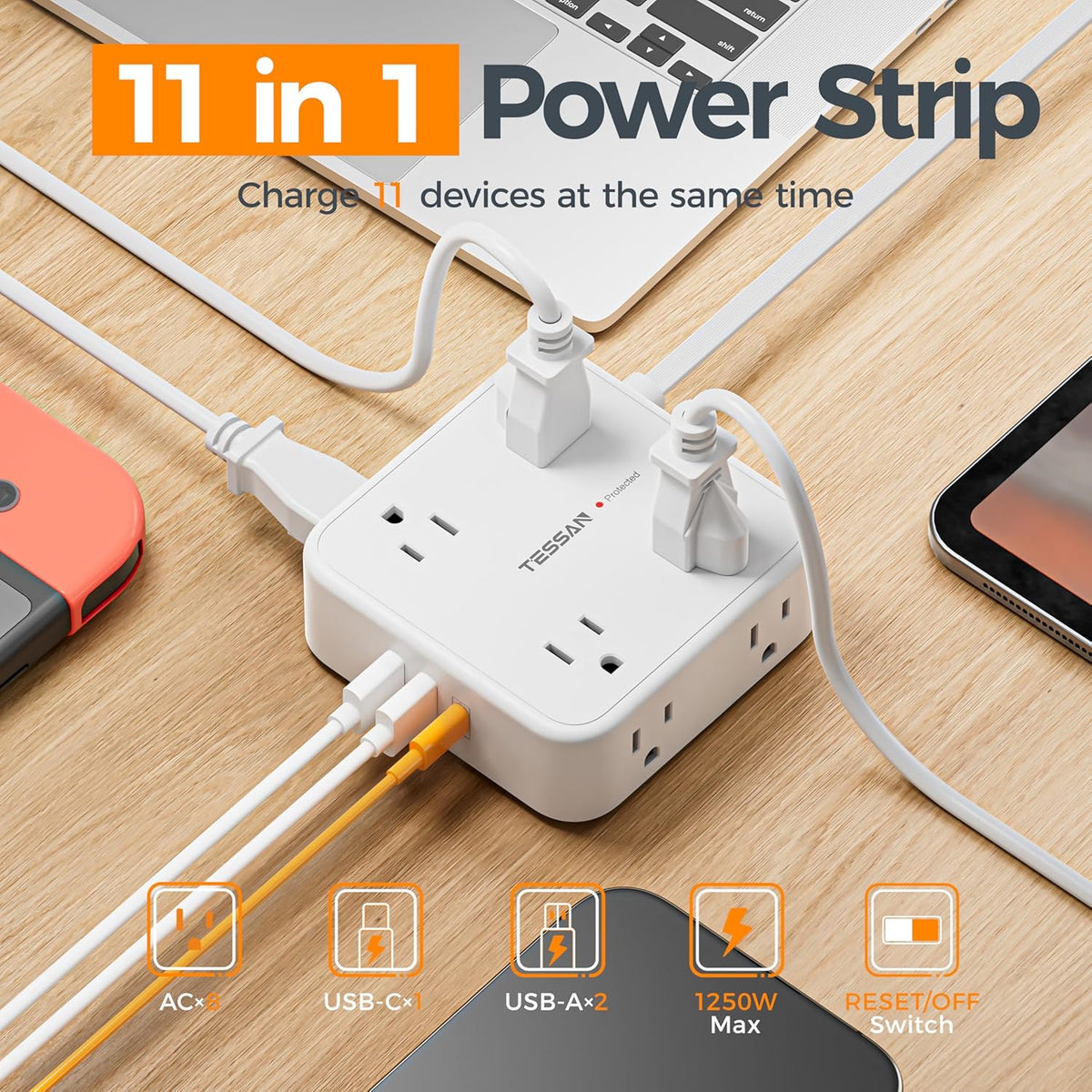 TESSAN Flat Plug Extension Cord, 5 Ft Surge Protector Power Strip with 3 USB (1 USB C) 8 Outlets, 900J Surge Protection, 3 Sided Outlet Extender with Power Switch for Dorm Room Essentials, White