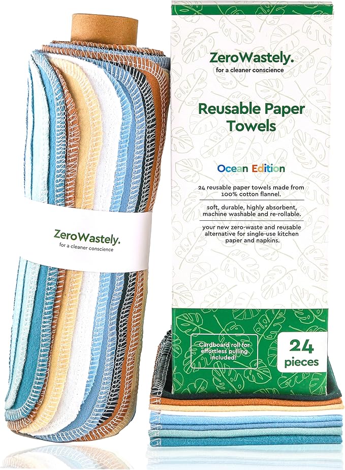 Reusable Paper Towels - Value Pack of 24 Paperless Paper Towels! - 100% Cotton, Super Soft, Absorbent, Washable and Made To Last