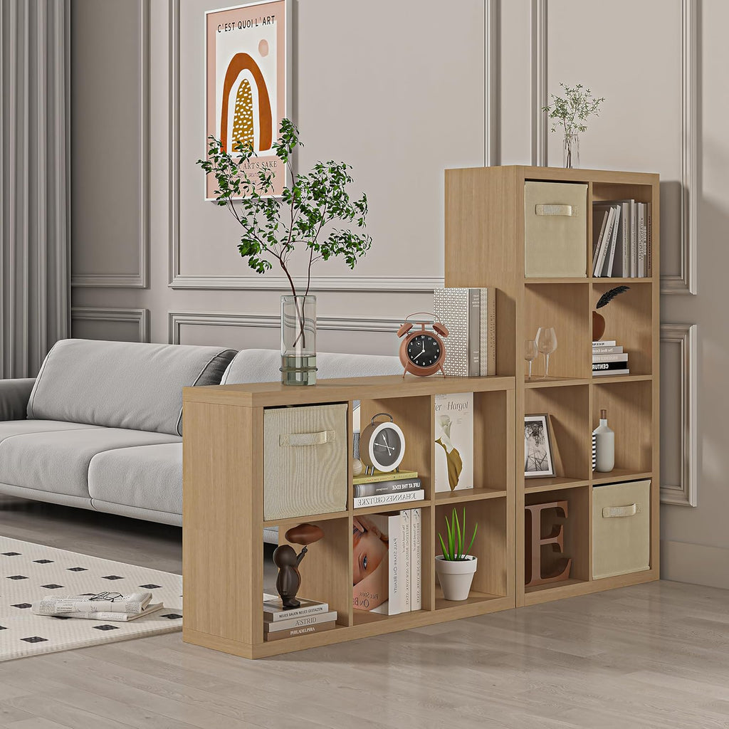 furtble Bookshelf with Storage Bin, 4-Cube Storage Organizer, Modern Wood Open Bookcase, Multifunctional Display Shelf for Living Room, Bedroom, Home Office, Oak