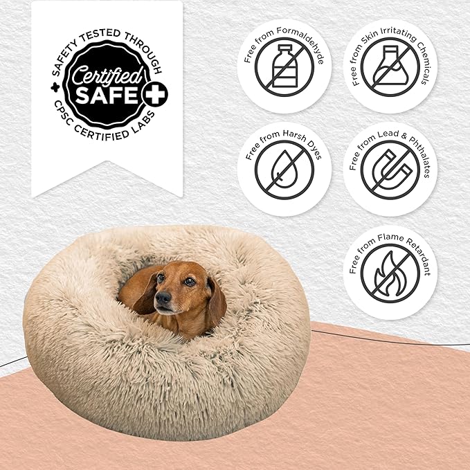 Best Friends by Sheri The Original Calming Donut Dog Bed – Washable Plush Pet Bed for Cats & Small Dogs up to 25 lbs, Shag Faux Fur, Taupe, Small (23" x 23")