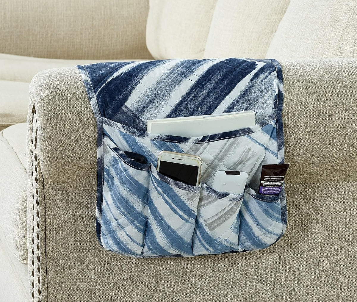 Brilliant Sunshine Blue Grey Stripes Patchwork Couch Armrest 5 Pockets Organizer, Slip Resistant Recliner Armchair Caddy, Washable Remote Controls Holder, Storage for Magazine, Tablet, iPad, Blue Grey