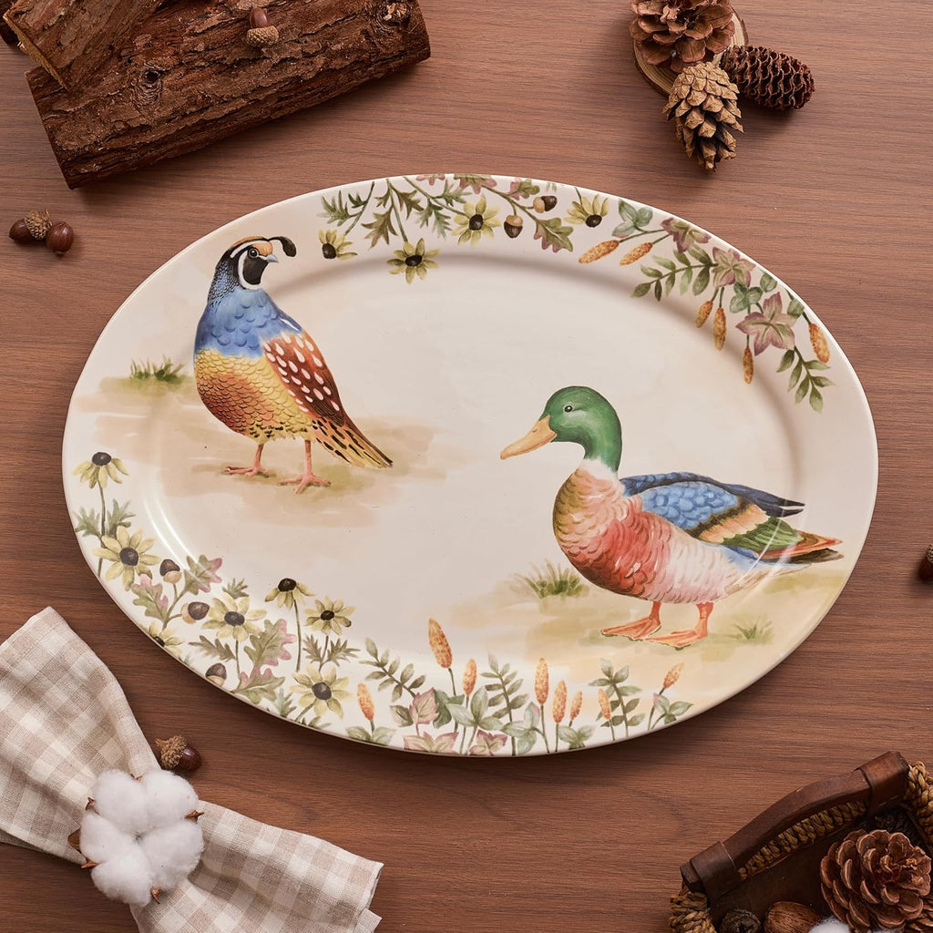 Bico Autumn Birds 16 plus 14 inch Oval Platters Set, Set of 2, Microwave and Dishwasher Safe, for Serving Fish, Chicken, Turkey