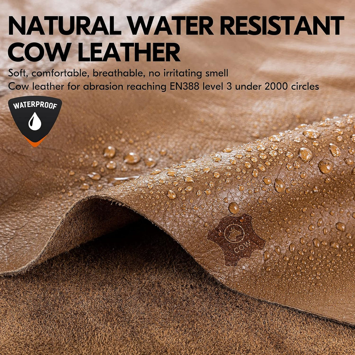 Vgo... 1-Pair Unlined Safety Cow Grain Leather Work Gloves Men, Rigger Gloves, Builder Gloves, Water Resistant, Palm Patched (Size L, Brown, CA9597WP)