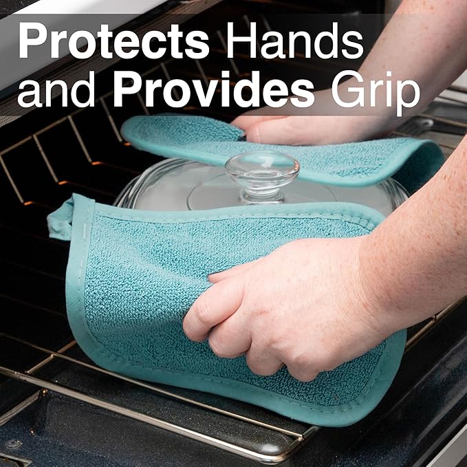 RITZ Terry Potholder & Hot Pad: Unparalleled Heat Resistant, Durable 100% Cotton – Ergonomically Designed for Optimal Grip – Easy-Care Machine Washable – 4-Pack, Dew