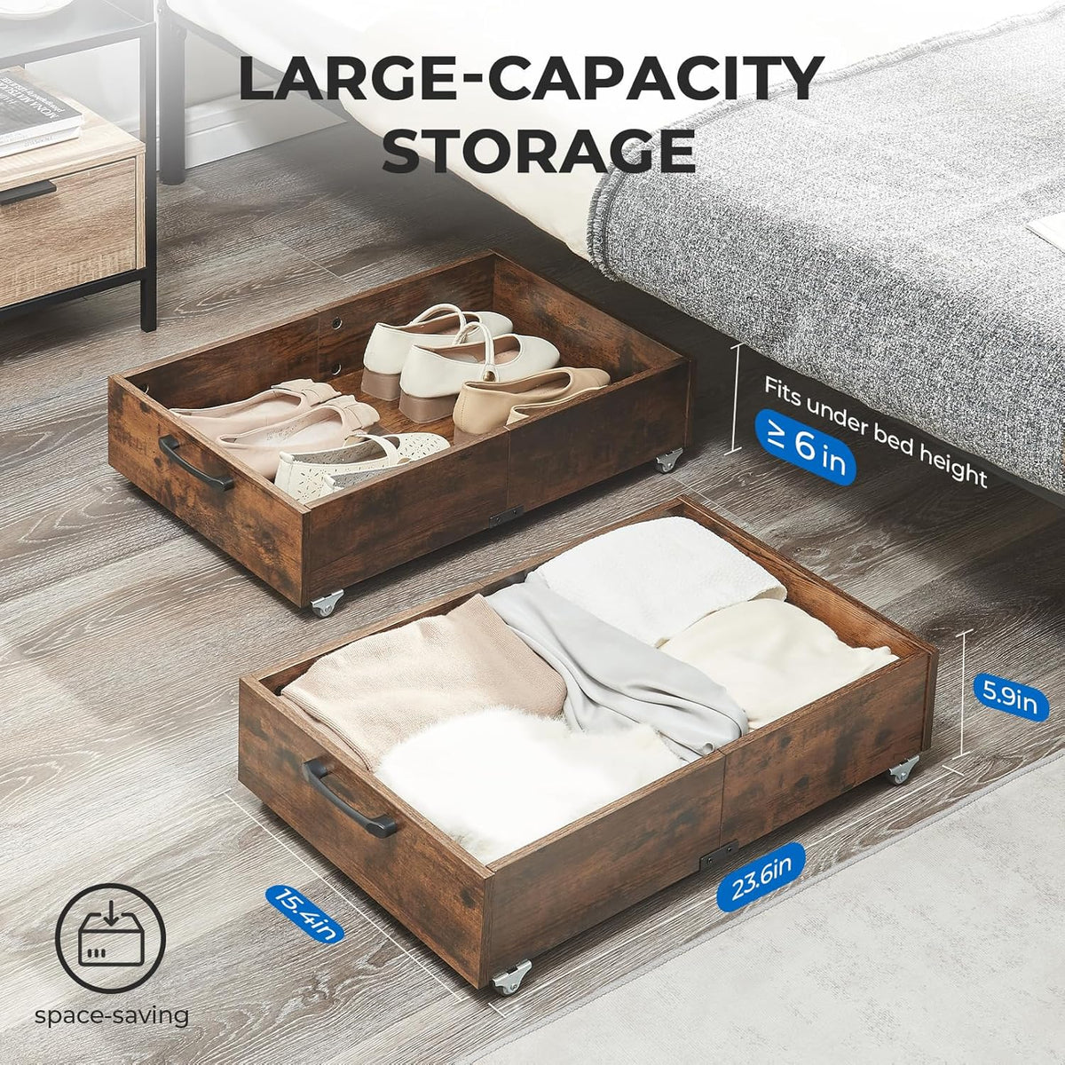 Under Bed Storage with Wheels, 2-Pack Under Bed Shoe Storage Organizer Drawer, Composite Wood Organizer for Shoes Clothes Containers in Bedroom for Clothes,Shoes(Brown)