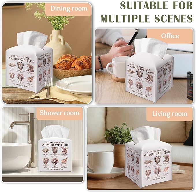 Christian Decorative Tissue Box Cover Square, Floral Napkin Tissue Box Holder, Bible Verse Inspirational Gift Ideas for Friends, Armor of God, Bathroom Office Desk Decor-(5.2 Inches)