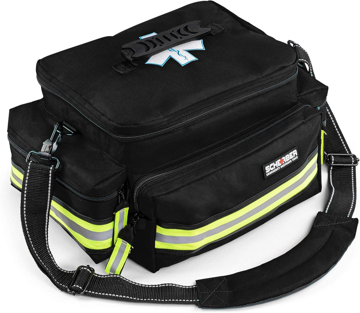 Scherber First Responder Fully-Stocked Professional Essentials EMT/EMS Trauma Kit | HSA/FSA Approved | Reflective Bag w/8 Zippered Pockets & Compartments & 200+ First Aid Supplies - Black
