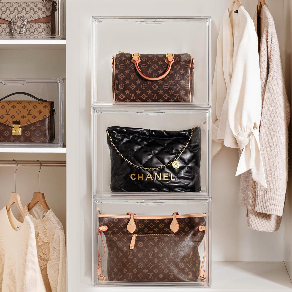 HBlife 5 Pack Purse Storage Organizer for Closet, X-Large Clear Stackable Handbag Display Case Box with Magnetic Door for Collectibles, Cosmetics, Women Heels and Toys