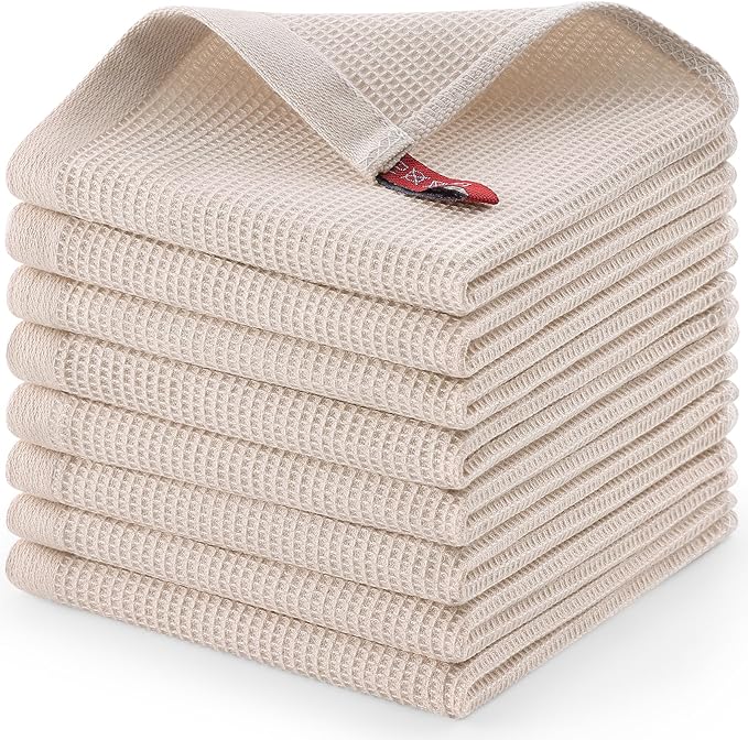 Homaxy 100% Cotton Waffle Weave Dish Cloths - 8 Pack Soft and Absorbent Dish Towels - 12 x 12 Inches Quick Dry Dish Rags - Beige